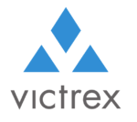 Blaues dreieckiges Logo der Firma Victrex, Hersteller von Hochleistungspolymere.